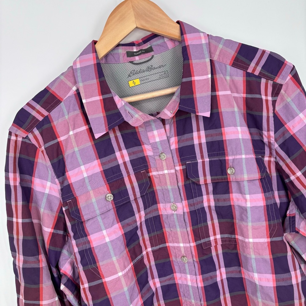 Eddie Bauer Travex Roll Tab Button Up Shirt Womens XL Pink Plaid Hiking Fishing